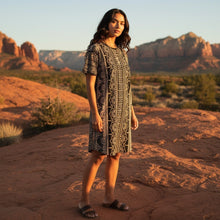 Load image into Gallery viewer, Melodia Gallery black and white lace-inspired print cotton t-shirt dress with short sleeves.