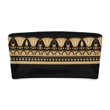 Load image into Gallery viewer, Melodia Gallery black bandeau bikini top with gold lotus and geometric trim. Recycled polyester blend.
