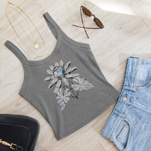Load image into Gallery viewer, Melodia Gallery grey 100% cotton micro rib crop tank with vintage lotus bloom graphic art.