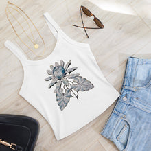 Load image into Gallery viewer, Melodia Gallery white 100% cotton micro rib crop tank with vintage lotus bloom graphic art.