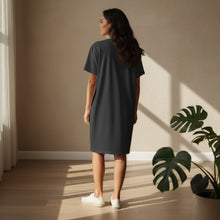 Load image into Gallery viewer, Melodia Gallery dark grey cotton t-shirt dress with an Art Nouveau lotus print on the back. Short sleeves, knee-length.