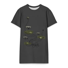 Load image into Gallery viewer, Melodia Gallery dark grey t-shirt dress with an Art Nouveau lotus flower and lily pad print. Short sleeves, crew neck.