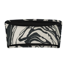 Load image into Gallery viewer, Melodia Gallery black and white marble wash recycled bandeau bikini top with UPF 50+ sun protection.