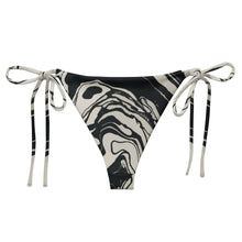 Load image into Gallery viewer, Melodia Gallery black and white marble wash recycled string bikini bottom with adjustable tie sides and UPF 50+ protection.