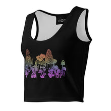 Load image into Gallery viewer, Melodia Gallery black cotton-elastane blend crop top with rainbow ombre mushroom print. Form-fitting silhouette.