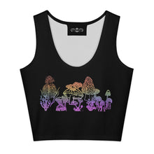 Load image into Gallery viewer, Melodia Gallery black cotton-elastane blend crop top with a rainbow ombre mushroom print. Form-fitting silhouette.