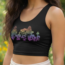 Load image into Gallery viewer, Melodia Gallery black cotton-elastane blend crop top with a rainbow ombre mushroom print. Form-fitting silhouette.
