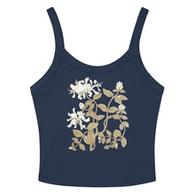 Load image into Gallery viewer, Melodia Gallery navy blue 100% cotton micro-rib crop tank top with a vintage-inspired honeysuckle floral design.