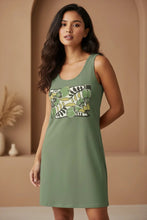 Load image into Gallery viewer, Melodia Gallery olive green 100% cotton bodycon tank dress with vintage passionflower graphic print.