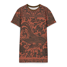 Load image into Gallery viewer, Melodia Gallery oversized cotton t-shirt dress in rust with a dark brown phoenix and floral print. Features a crew neck and short sleeves.
