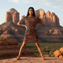 Load image into Gallery viewer, Melodia Gallery oversized cotton t-shirt dress with a black phoenix and floral print on a rust-orange background. Short sleeves, crew neck.