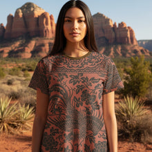 Load image into Gallery viewer, Melodia Gallery oversized cotton t-shirt dress in rust with a dark brown phoenix and floral print. Features a crew neck and short sleeves.