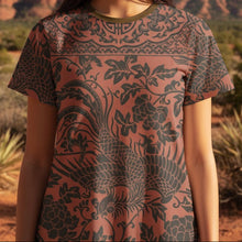 Load image into Gallery viewer, Melodia Gallery oversized cotton t-shirt dress in rust with a dark brown phoenix and floral print. Features a crew neck and short sleeves.
