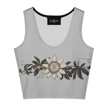 Load image into Gallery viewer, Melodia Gallery Passionflower Cotton Crop Top, vintage art nouveau inspired tank with a floral design on a light grey background.