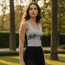 Load image into Gallery viewer, Melodia Gallery light grey cotton-elastane blend crop tank top with vintage art nouveau passionflower print. Form-fitting silhouette.