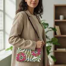Load image into Gallery viewer, Melodia Gallery Passionflower Art Nouveau Crossbody Bag, faux leather with pink floral print and dark gray hardware.