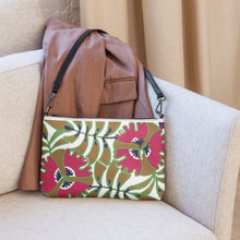 Load image into Gallery viewer, Melodia Gallery Passionflower Art Nouveau Crossbody Bag, faux leather with pink floral print and dark gray hardware.