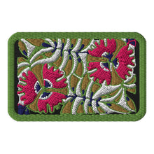 Load image into Gallery viewer, Melodia Gallery embroidered passionflower tactical patch with hook and loop backing, featuring pink flowers and green border.