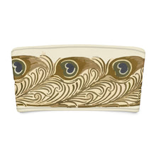 Load image into Gallery viewer, Melodia Gallery Peacock Art Nouveau Recycled Bandeau Bikini Top. Cream bandeau bikini top with a repeating peacock feather pattern in brown and green.