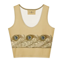 Load image into Gallery viewer, Melodia Gallery soft oatmeal 100% cotton crop tank top with a peacock feather graphic design.