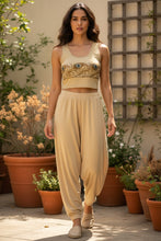 Load image into Gallery viewer, Melodia Gallery soft oatmeal 100% cotton crop top with peacock feather graphic. Polyester free.