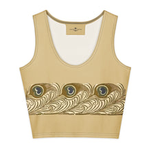 Load image into Gallery viewer, Melodia Gallery soft oatmeal 100% cotton crop top tank with a peacock feather print.