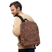 Load image into Gallery viewer, Melodia Gallery Phoenix + Floral Minimalist Backpack in terracotta with black phoenix and floral print. Features laptop pocket and hidden back pocket.