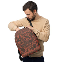 Load image into Gallery viewer, Melodia Gallery terracotta polyester backpack with a black phoenix and floral print, featuring a laptop pocket and hidden back pocket.