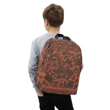 Load image into Gallery viewer, Melodia Gallery Phoenix + Floral Minimalist Backpack in rust orange with dark brown print. Features a laptop pocket and hidden back pocket.