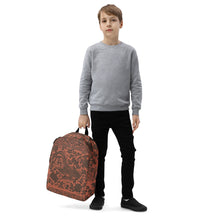 Load image into Gallery viewer, Melodia Gallery Phoenix + Floral Minimalist Backpack in rust orange with dark brown print, polyester, water-resistant, laptop pocket.
