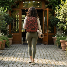 Load image into Gallery viewer, Melodia Gallery Phoenix + Floral Minimalist Backpack, terracotta with black floral pattern, polyester, spacious interior, laptop pocket, hidden back pocket.