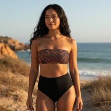 Load image into Gallery viewer, Melodia Gallery Phoenix + Floral Recycled Bandeau Bikini Top. Terracotta with black phoenix and floral print. Recycled polyester and elastane.