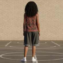 Load image into Gallery viewer, Melodia Gallery unisex basketball jersey with vintage phoenix and floral design in black on rust fabric. Recycled polyester.