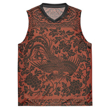 Load image into Gallery viewer, Melodia Gallery unisex basketball jersey with phoenix and floral design in black on rust. Made from recycled polyester.
