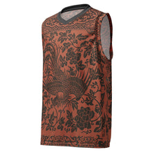 Load image into Gallery viewer, Melodia Gallery unisex basketball jersey in rust orange with a black phoenix and floral print. Made from recycled polyester.