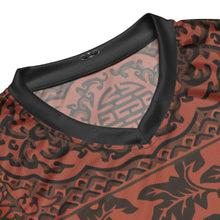 Load image into Gallery viewer, Melodia Gallery unisex basketball jersey with vintage phoenix and floral design in rust and black, made from recycled polyester.