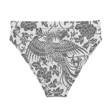 Load image into Gallery viewer, Melodia Gallery black and white phoenix floral recycled high-waisted bikini bottom. Inspired by Qing Dynasty art.