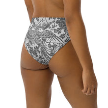 Load image into Gallery viewer, Melodia Gallery black and white phoenix floral high-waisted bikini bottom made from recycled materials.
