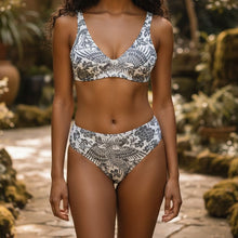 Load image into Gallery viewer, Melodia Gallery black and white phoenix floral print high-waisted bikini set with removable pads and zig-zag stitching.