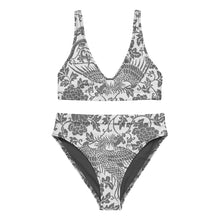 Load image into Gallery viewer, Melodia Gallery black and white phoenix floral print high-waisted bikini set with removable pads and zig-zag stitching.