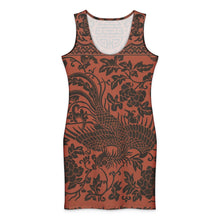 Load image into Gallery viewer, Melodia Gallery Phoenix + Floral Cotton Bodycon Dress. Red dress with black phoenix and floral print. Sleeveless, crew neck, bodycon fit.