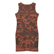 Load image into Gallery viewer, Melodia Gallery Phoenix + Floral Cotton Bodycon Dress. Sleeveless, crew neck, knee-length dress with a dark brown phoenix and floral print on a rust orange background.