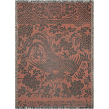 Load image into Gallery viewer, Melodia Gallery Phoenix + Floral Cotton Woven Blanket with fringed edges. Features a dark grey phoenix and floral pattern on a rust-orange background.