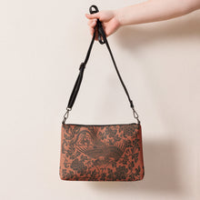 Load image into Gallery viewer, Melodia Gallery faux leather crossbody bag with a vintage Qing Dynasty phoenix and floral print in brown and black.