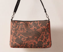 Load image into Gallery viewer, Melodia Gallery Phoenix + Floral Crossbody Bag in faux leather with a vintage Qing Dynasty inspired design in dark gray on a rust background.