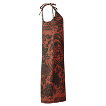 Load image into Gallery viewer, Melodia Gallery Phoenix + Floral Tie-Strap Midi Dress in rust with black print. Features adjustable tie straps and V-neck.