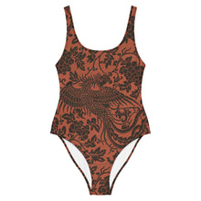 Load image into Gallery viewer, Melodia Gallery Phoenix + Floral Recycled One Piece Swimsuit. Rust orange with dark brown phoenix and floral print. Cheeky fit, scoop neck, low back.