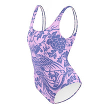 Load image into Gallery viewer, Melodia Gallery baby pink one-piece swimsuit with a blue floral and phoenix print. Features a scoop neckline and low back.