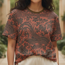 Load image into Gallery viewer, Melodia Gallery oversized cotton t-shirt with a phoenix and floral print in rust and dark grey.