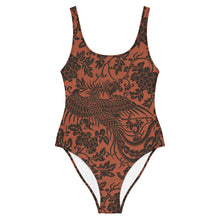 Load image into Gallery viewer, Melodia Gallery Phoenix + Floral Recycled One Piece Swimsuit. Terracotta with dark brown phoenix and floral print. Cheeky fit, scoop neck & back.